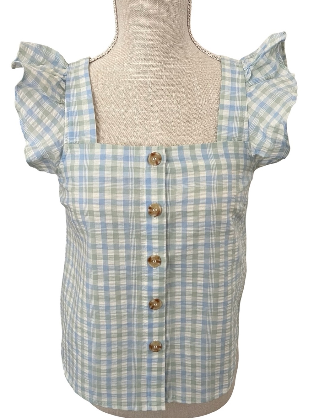 Blu Pepper Pastel Blue & Cream Plaid Button-Up Flutter Sleeve Top